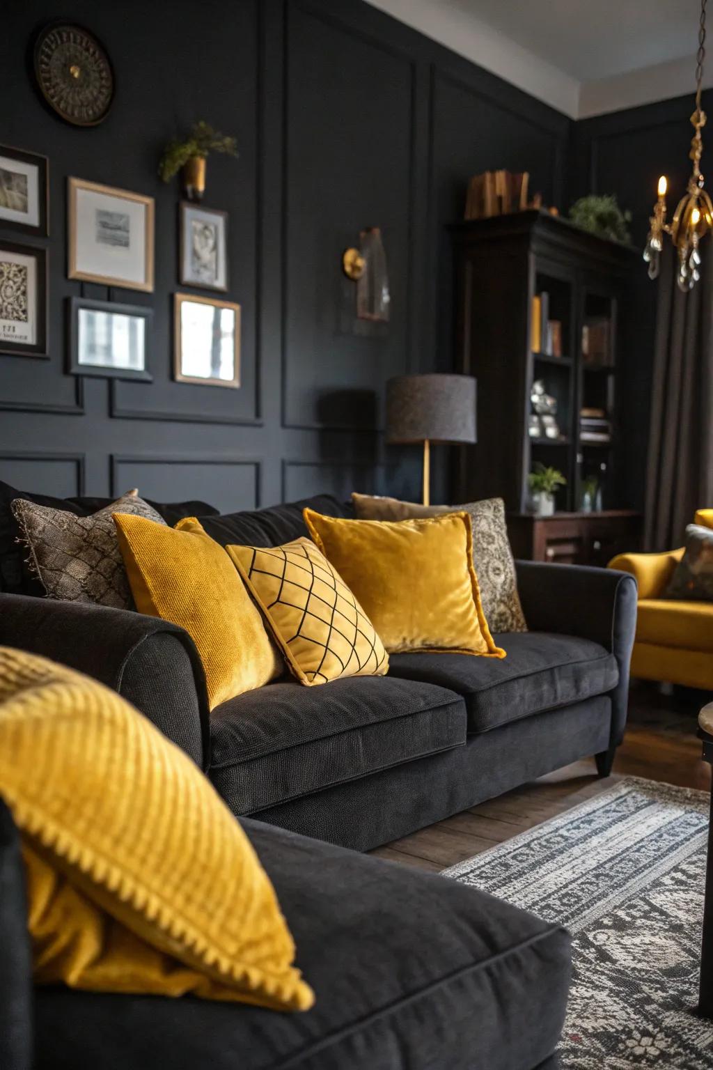 Mustard-colored pillows adding color to a calmly lit living room.