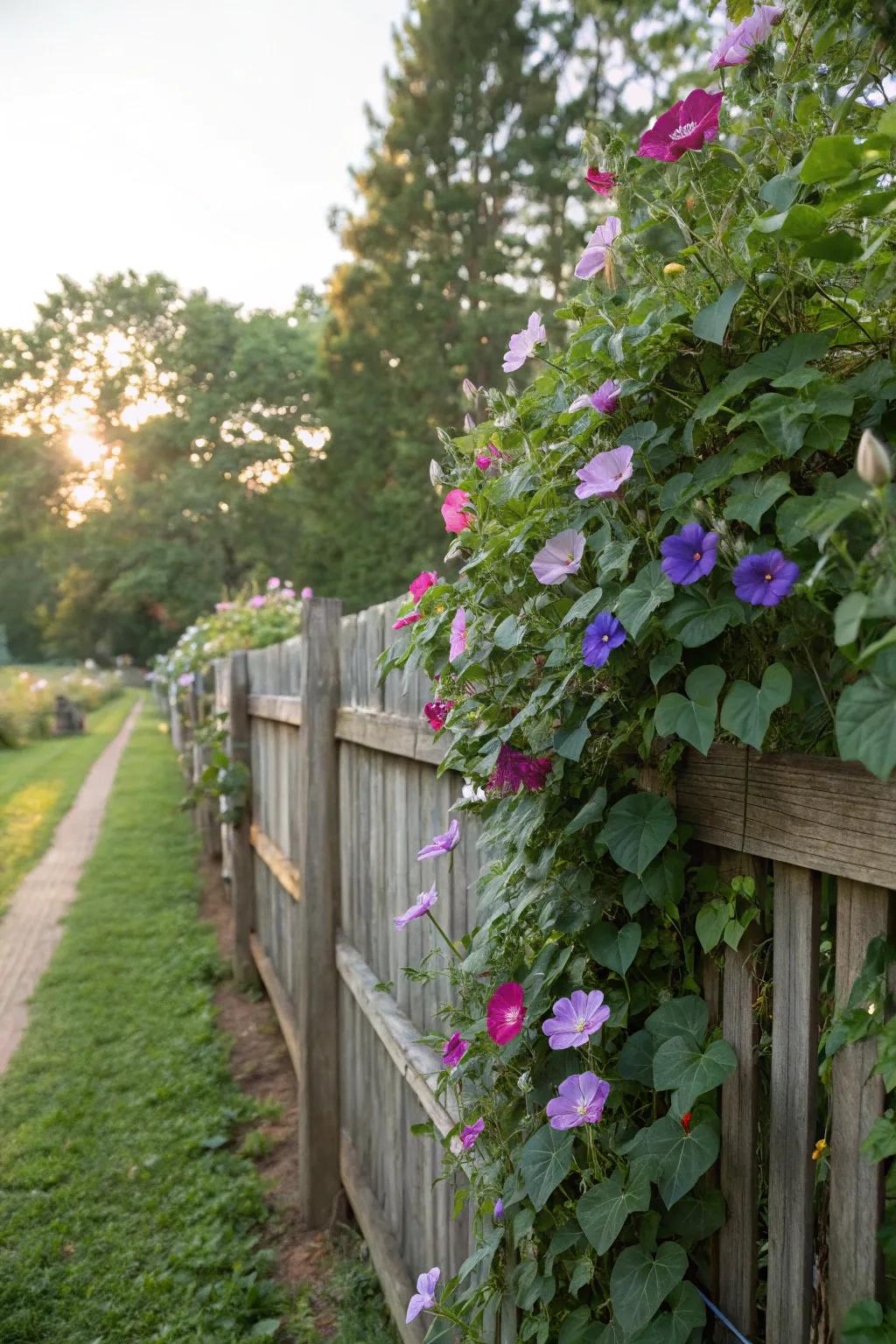A wooden fence has been transformed by vivid morning glory blossoms.