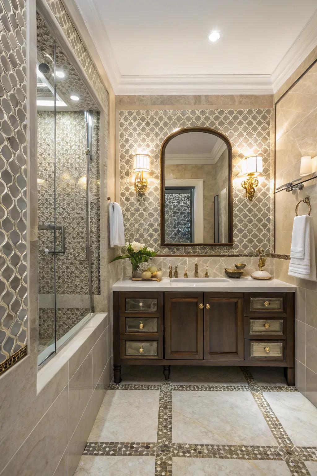 A bathroom displaying a mix of textured mosaic panels for added depth.
