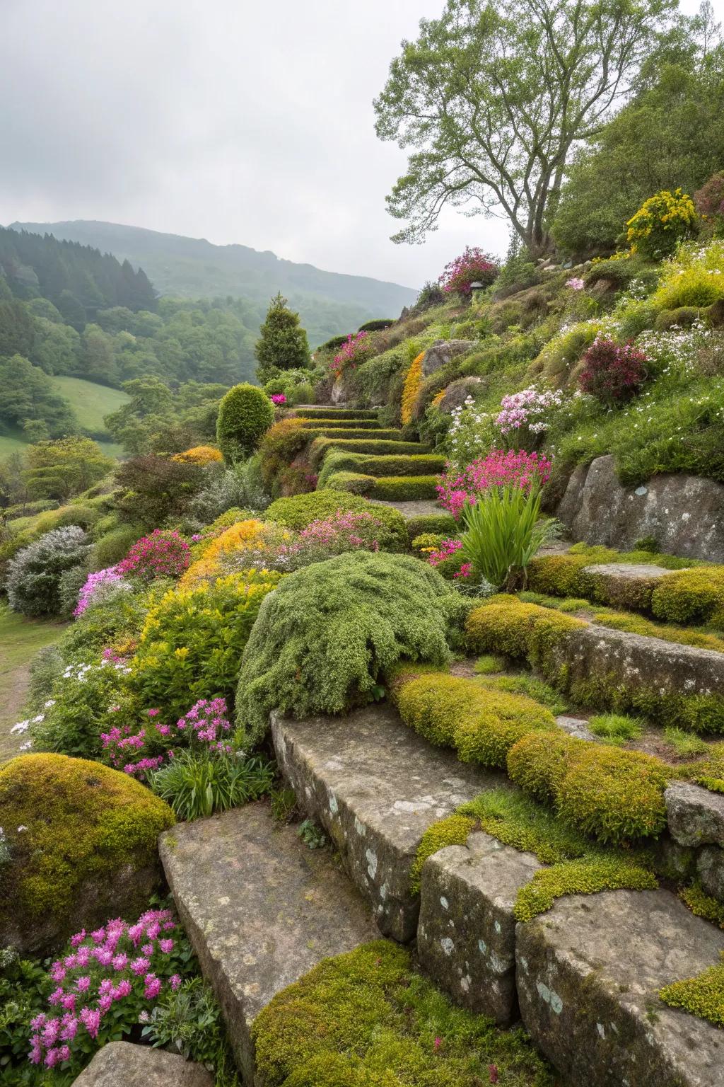 A multi-tiered garden displaying the elegance of moss stone terraces.