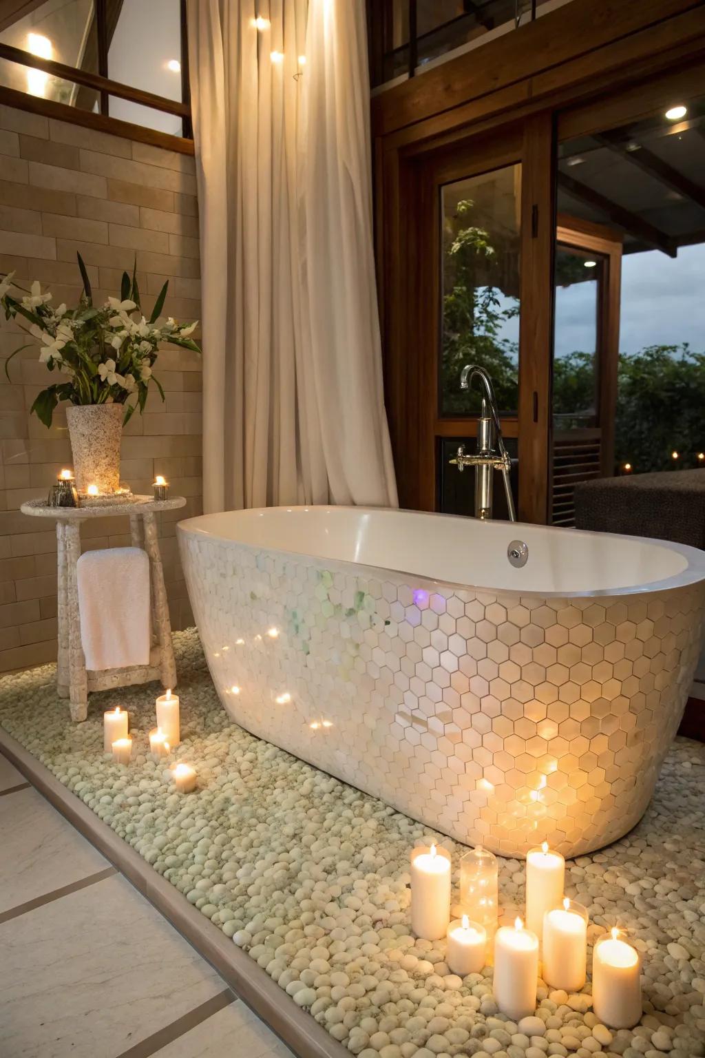 Enhance your bathing ritual with a nacre tile surround.