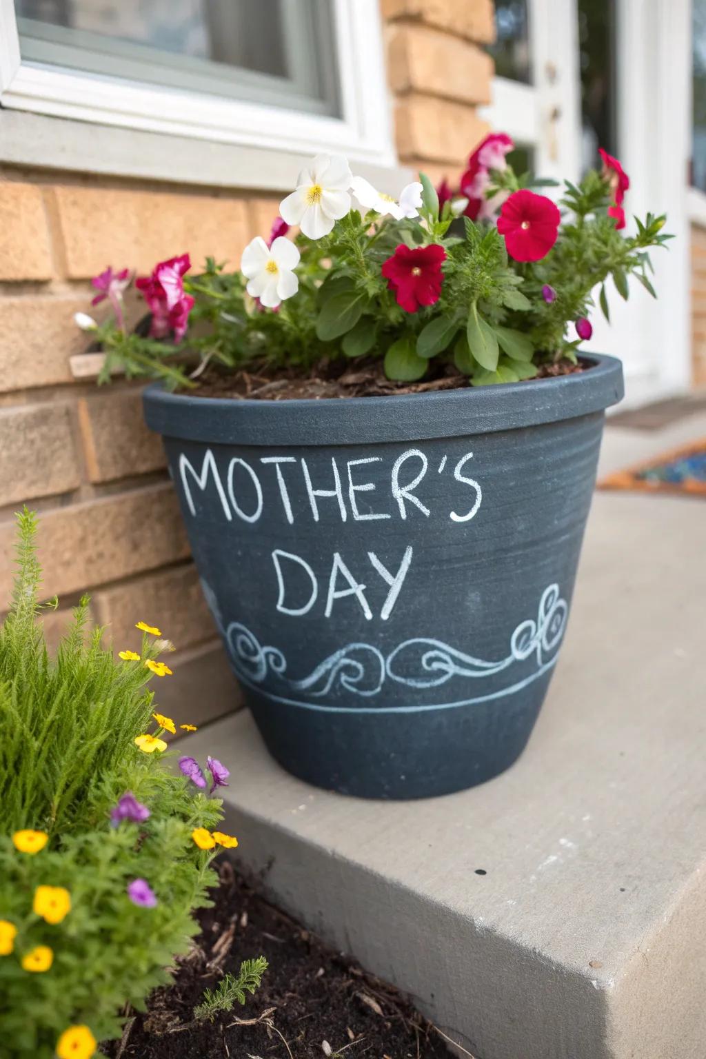 A blackboard flower pot for perpetual messages.