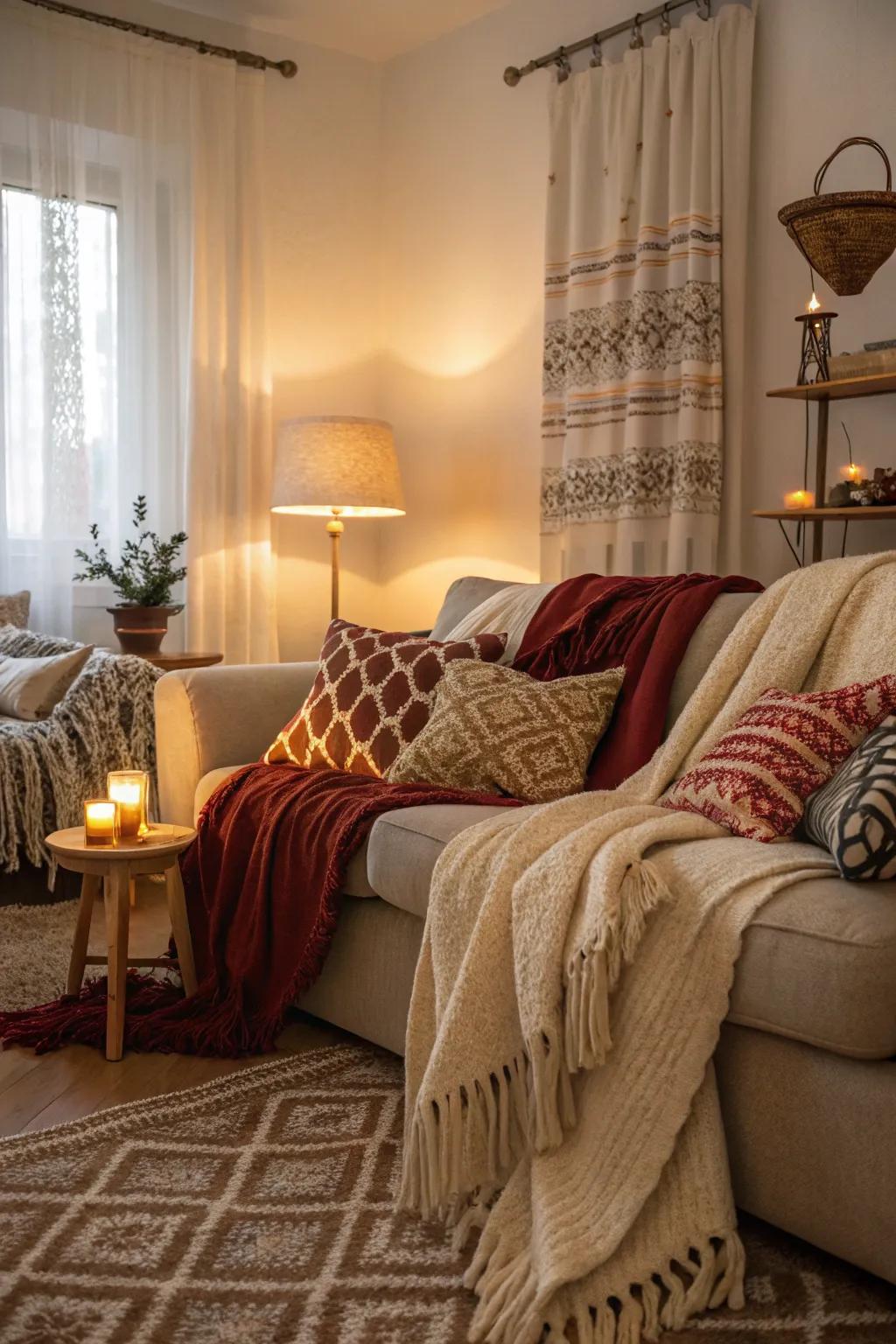 A mix of warm fabrics really makes this living space feel cozy.