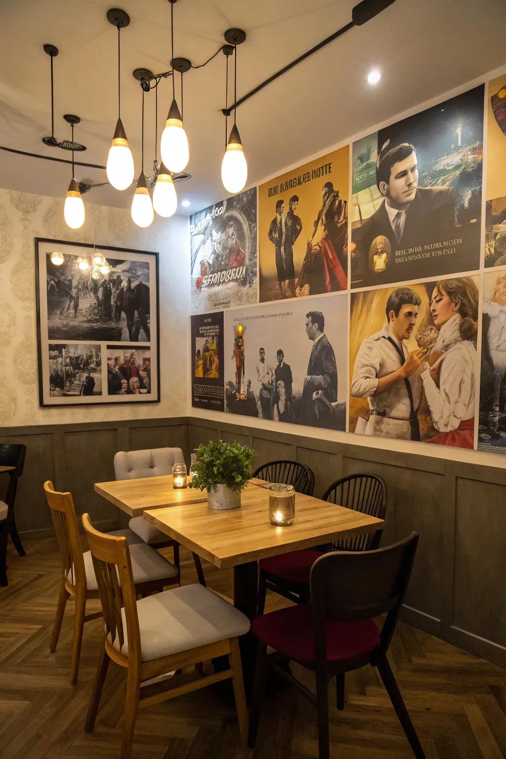 A dining space showcasing blended artwork featuring a variety of movie scenes.
