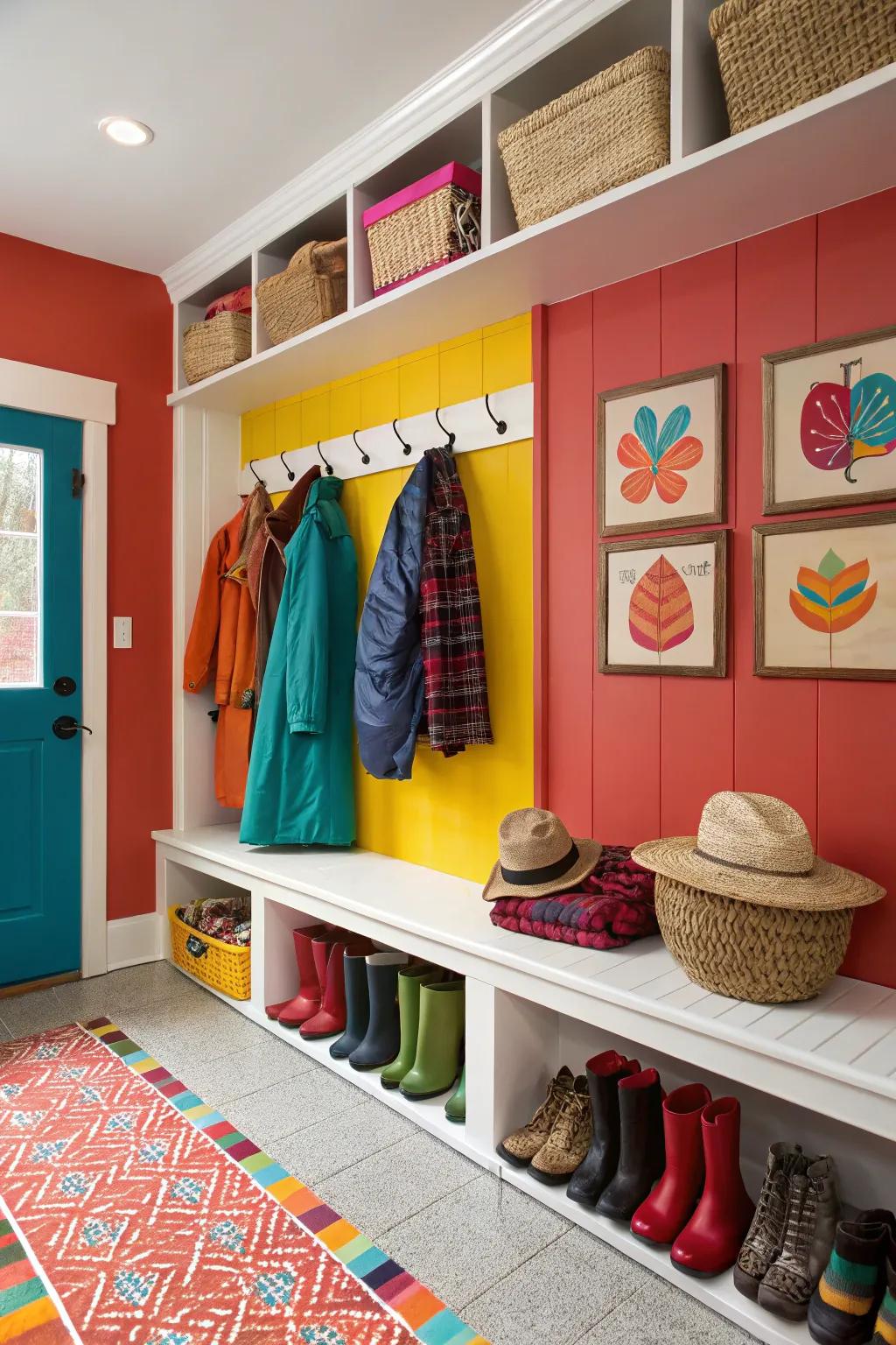 Mudroom showcasing brightly painted walls that inject personality and energy into the area.