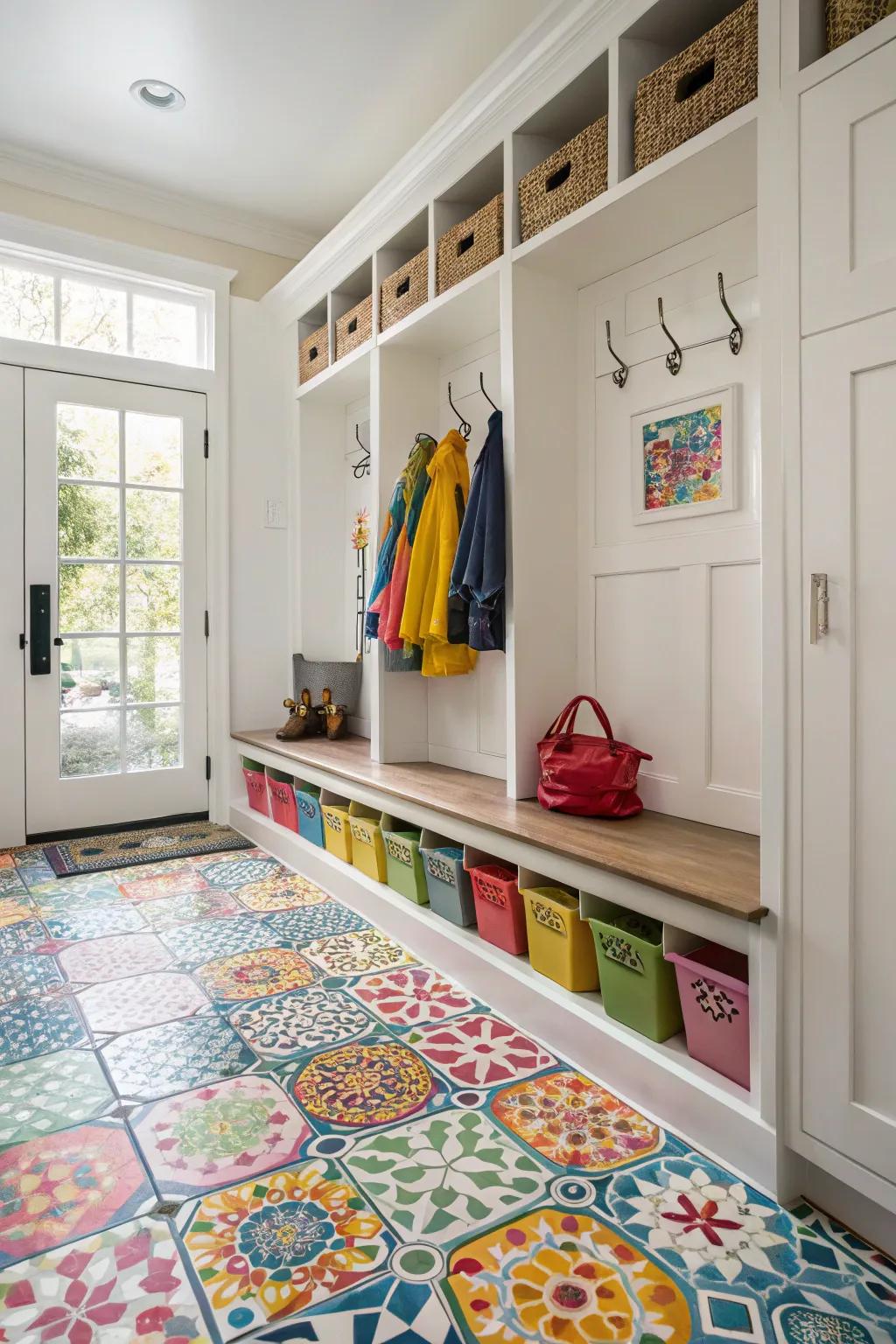 Mosaic tiles add a playful touch to your mudroom floor.