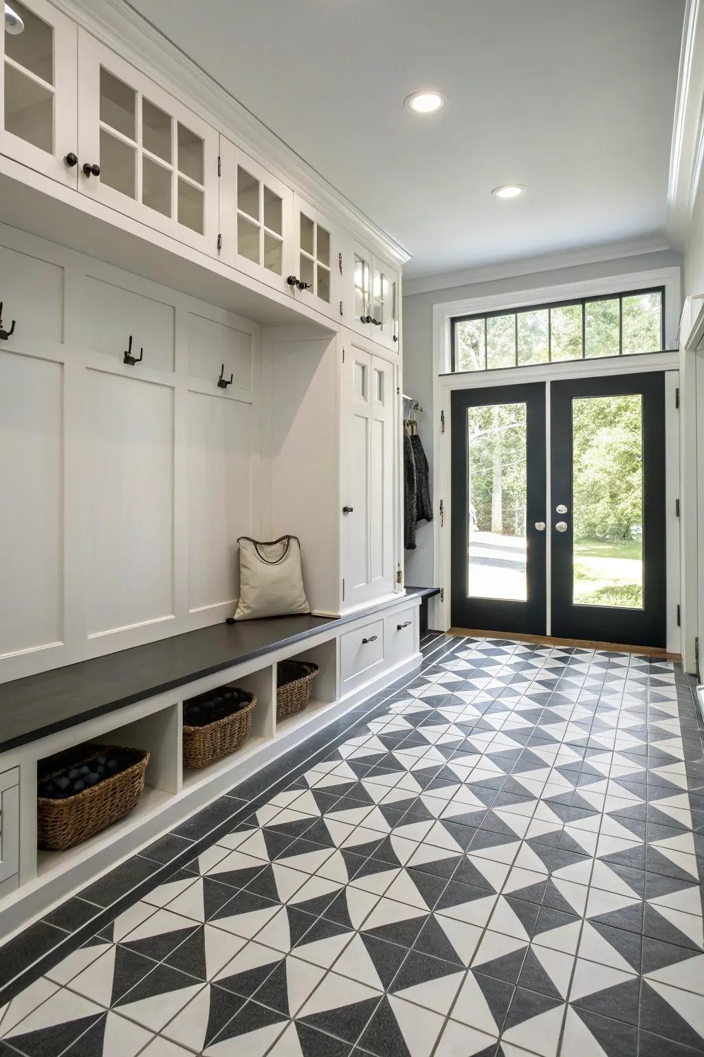 Eye-catching black and white tiles in a modern mudroom