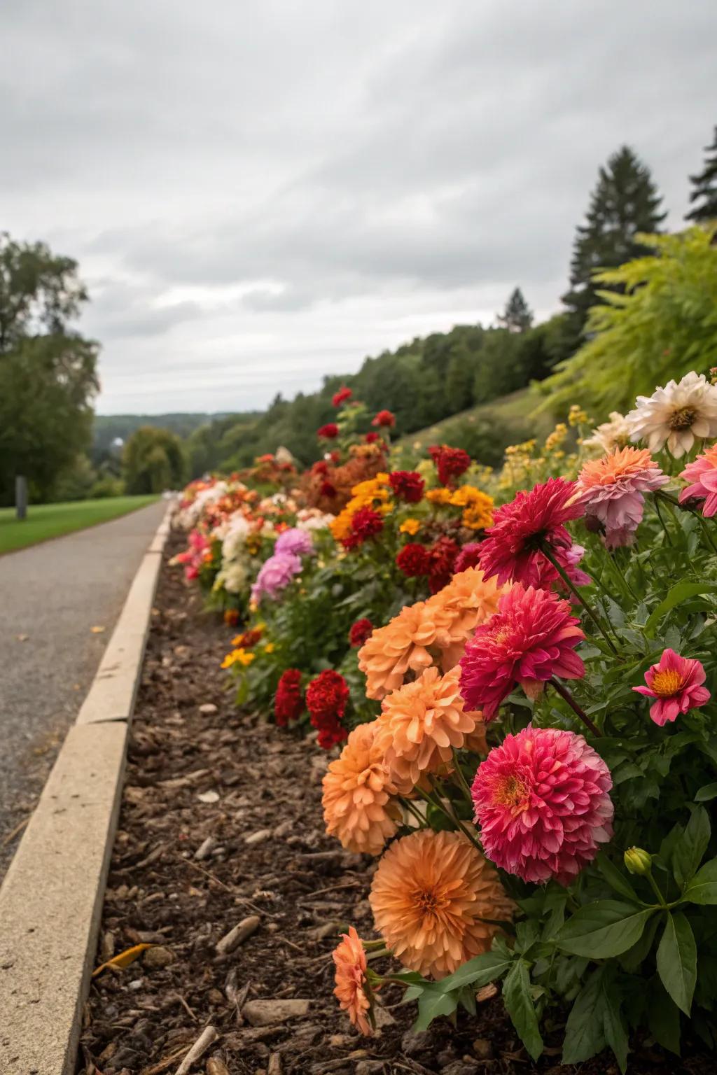 Bright plantings inject vitality into mulch borders.