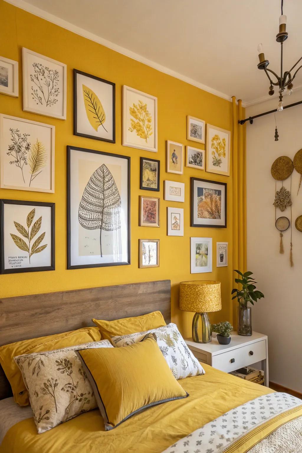 A bedroom wall decorated using wheat-themed artistic pieces.