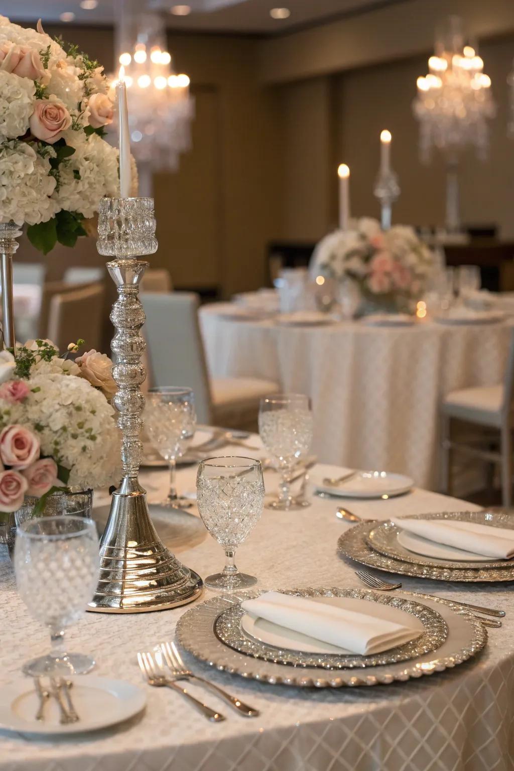 Elegant table designs featuring exquisite glassware and silverware.