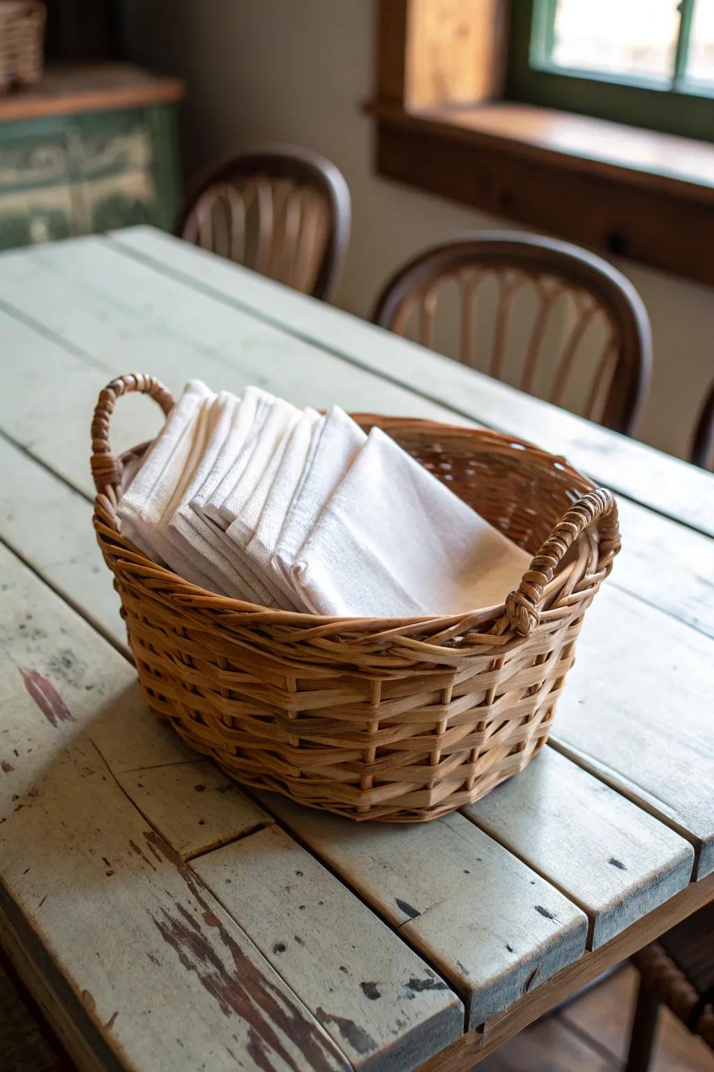 Woven baskets providing charming and useful napkin storage.