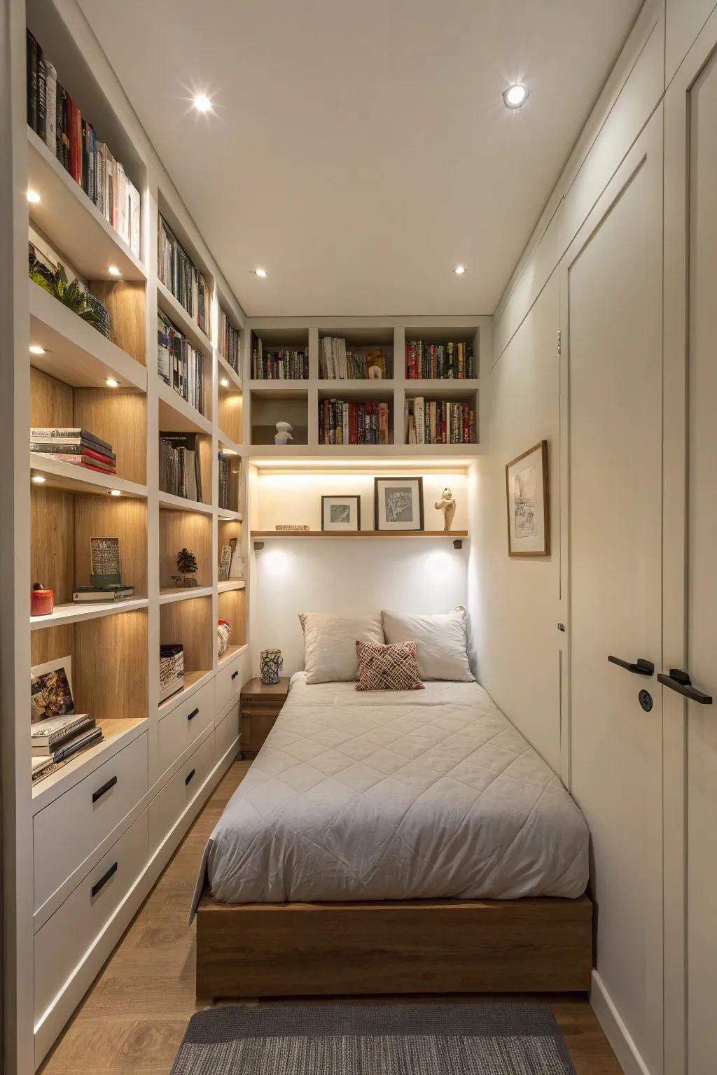Integrated shelves optimally use vertical space in a slender bedroom.