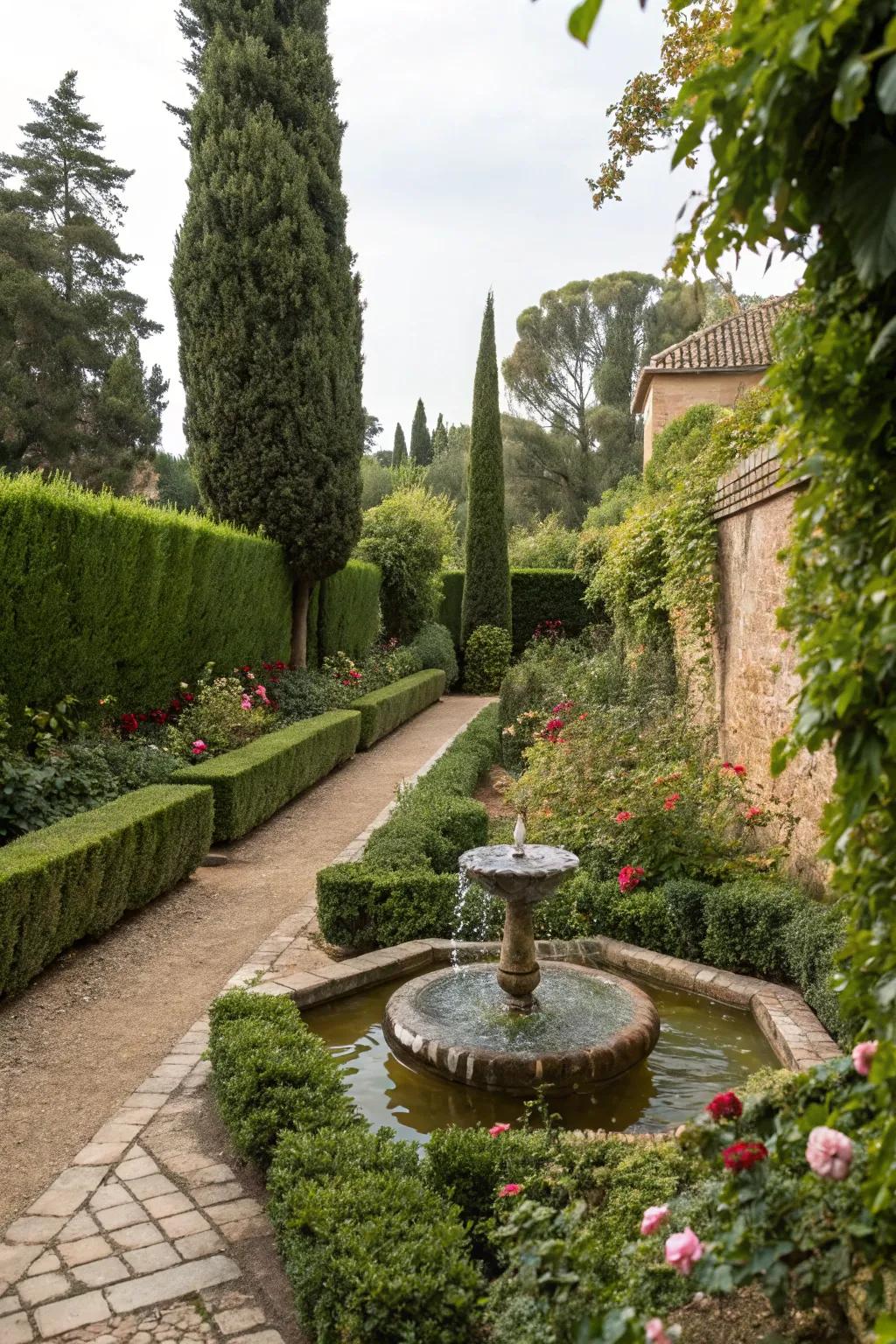 A water feature adds serenity and charm to a narrow garden.