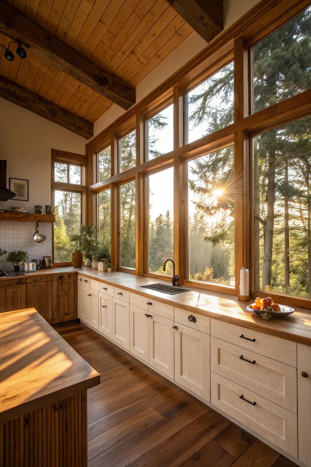 Expansive apertures inundate the culinary space with botanical illumination, enhancing timber components.