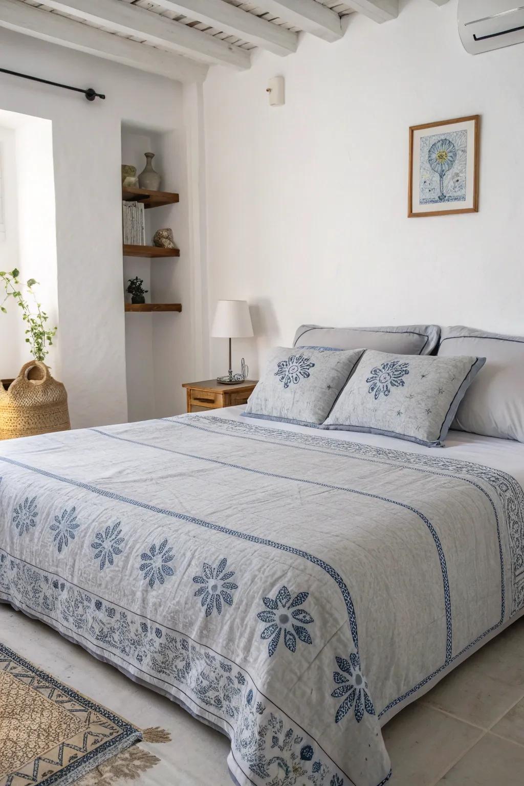 Delicate blue designs on grey bedding contribute to the sophistication of this minimalist bedroom.