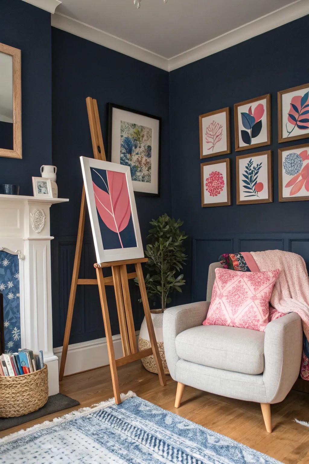 Art animates the rose and navy theme on your walls.
