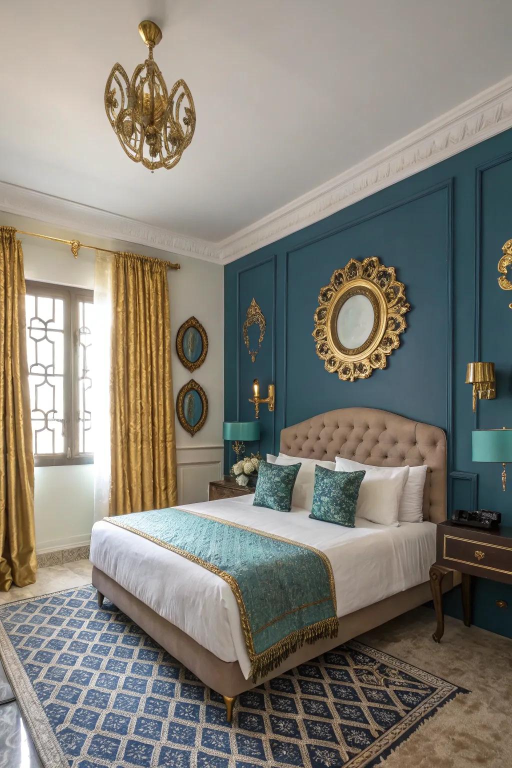 Golden accents elevate the room's navy and teal theme, creating a lavish feel.