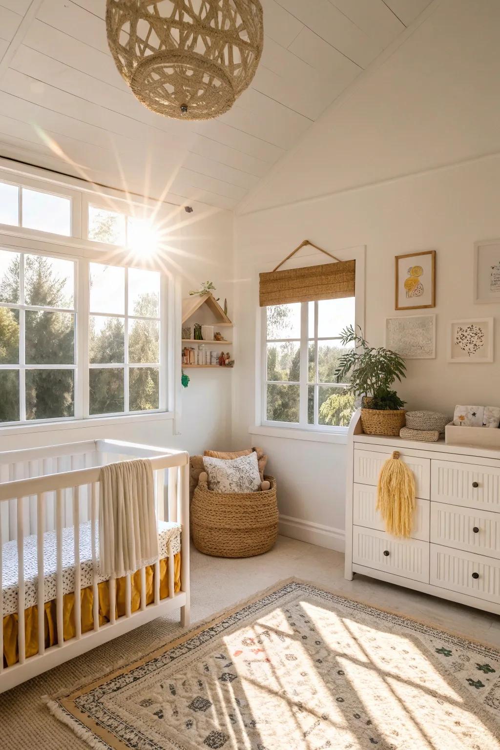 A luminous and spacious baby room featuring warm white tones.