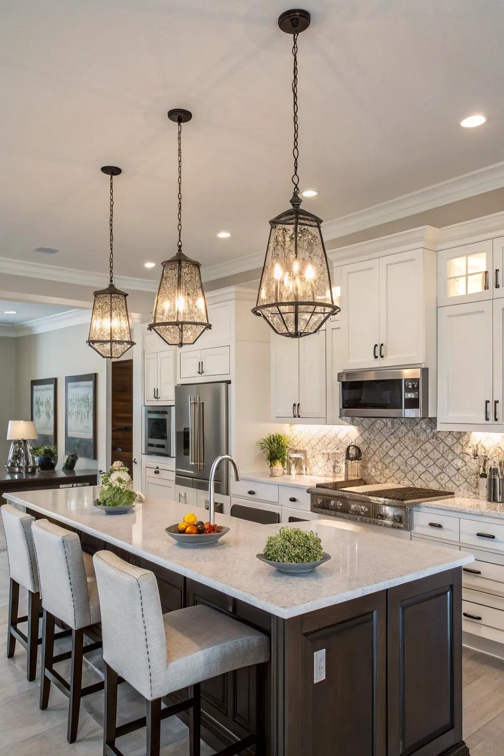 A cooking area beautifully illuminated through a variety of hanging lights, thus establishing a welcoming and inviting ambiance.