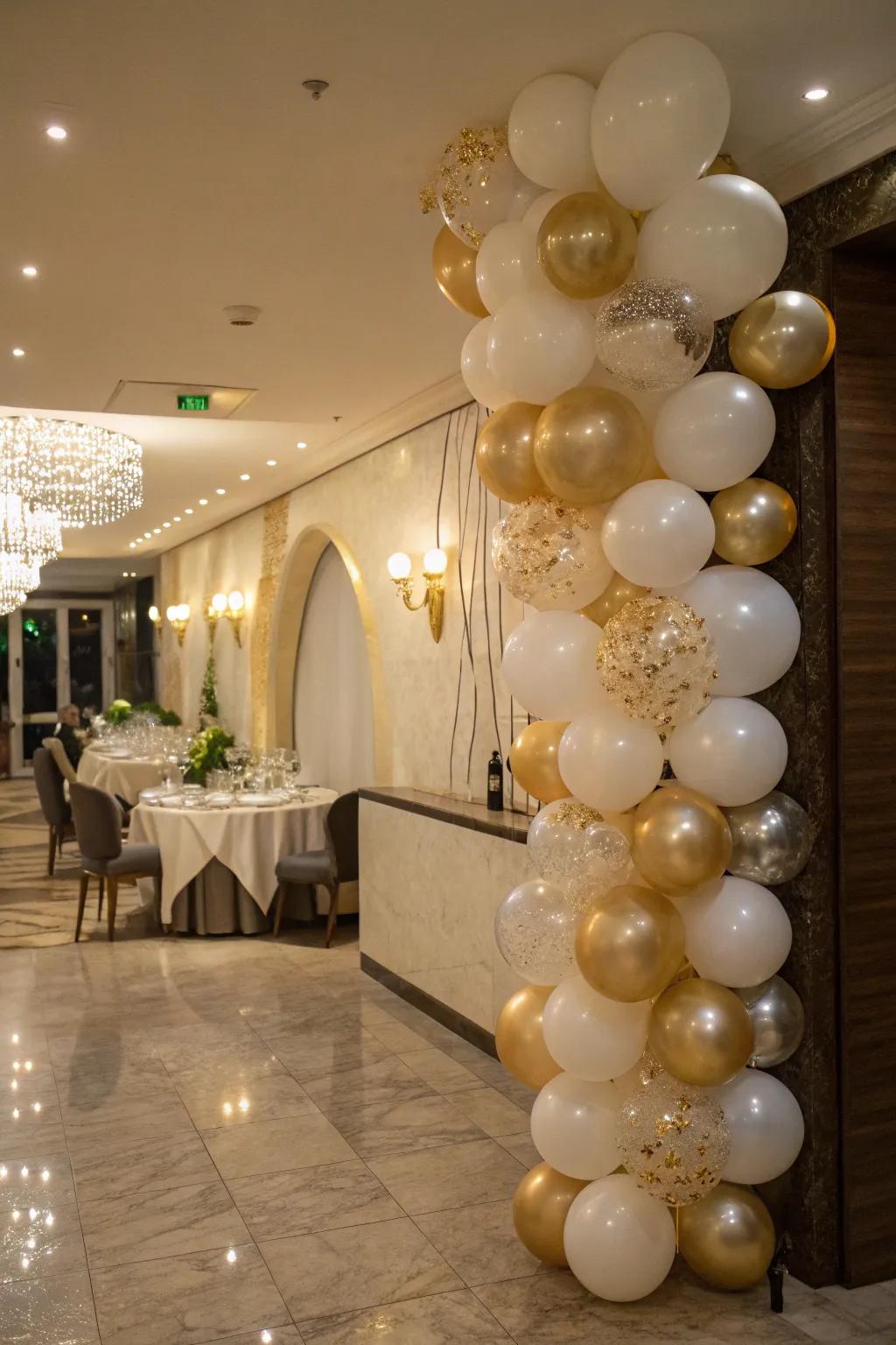 Balloons fashioned to resemble champagne bubbles, imparting a touch of class to the New Year's festivity.
