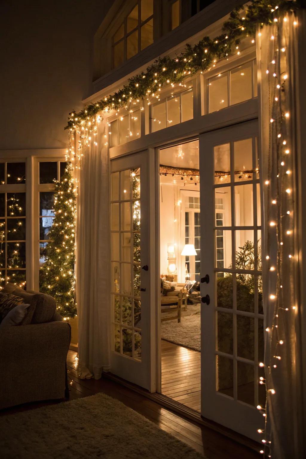 A room illuminated by the cozy ambiance of fairy lights.