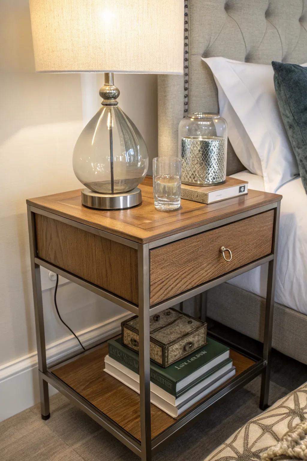 Create visual intrigue by harmonizing different materials in your nightstand design.