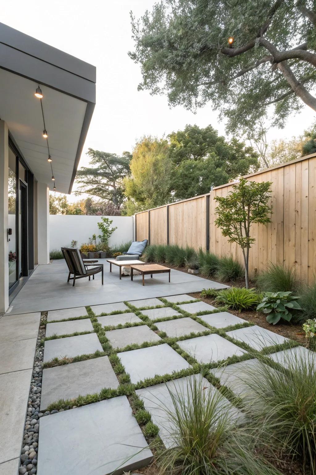 A neat and simple patio design featuring concrete pavers.