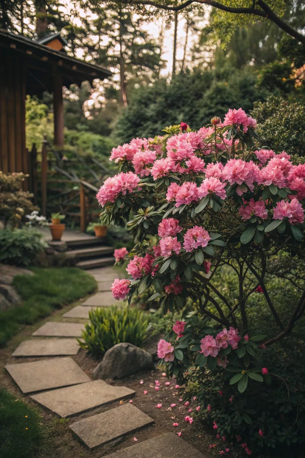 Rhododendrons offering impressive color through their vibrant blossoms.
