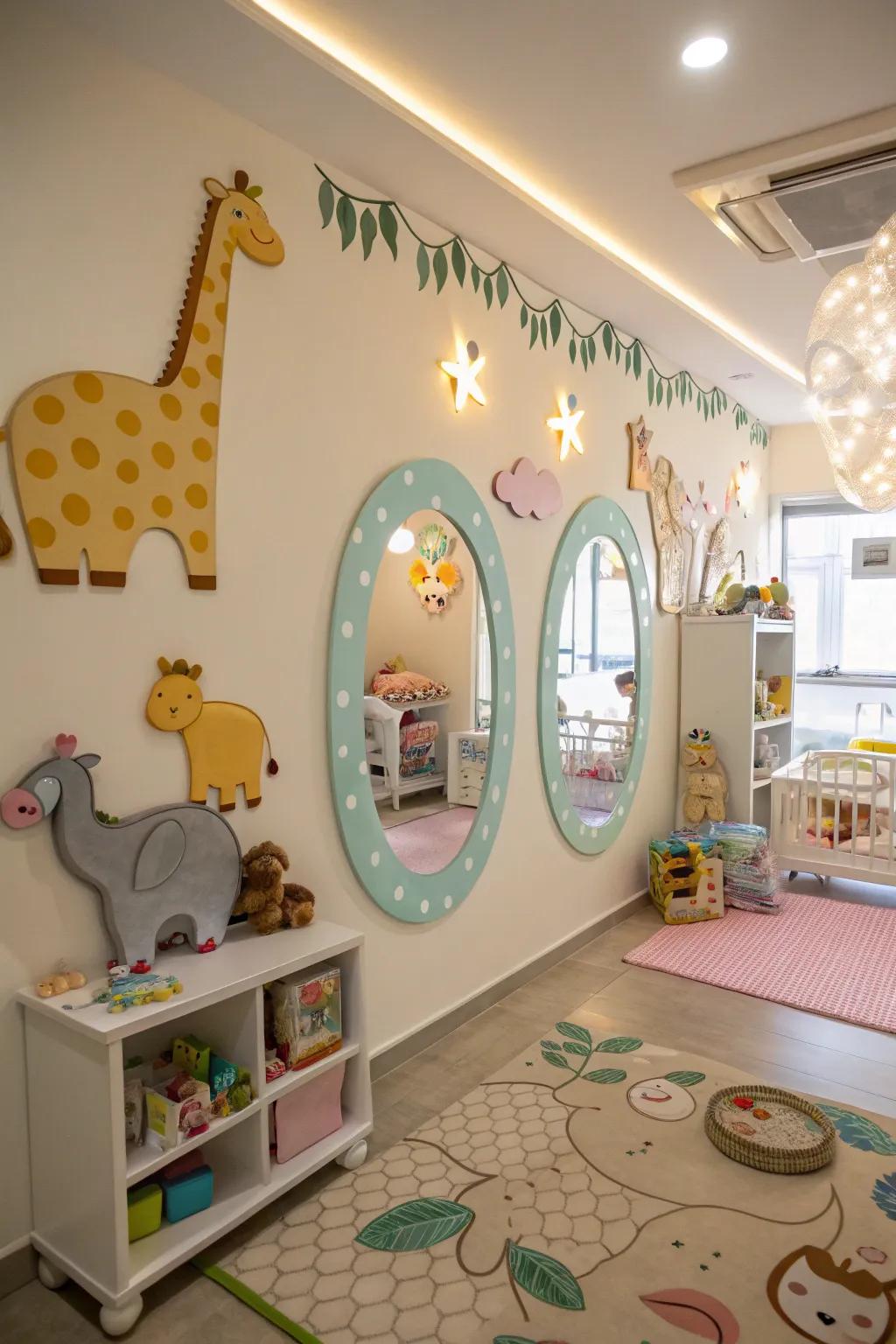 Mirrors shaped like animals bring a lively and cheerful atmosphere to this nursery.