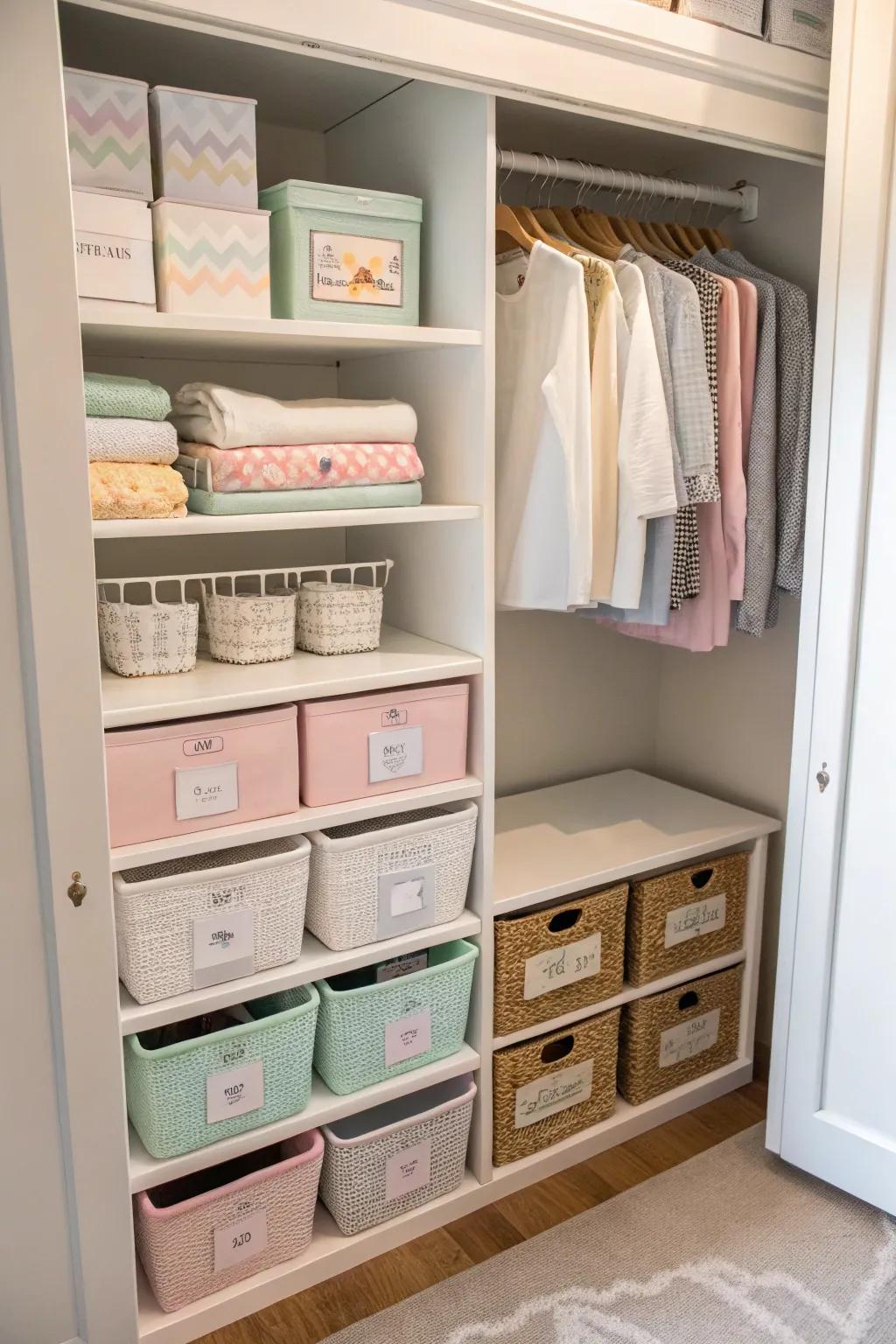 A baby's closet that is well organized with labeled compartments.