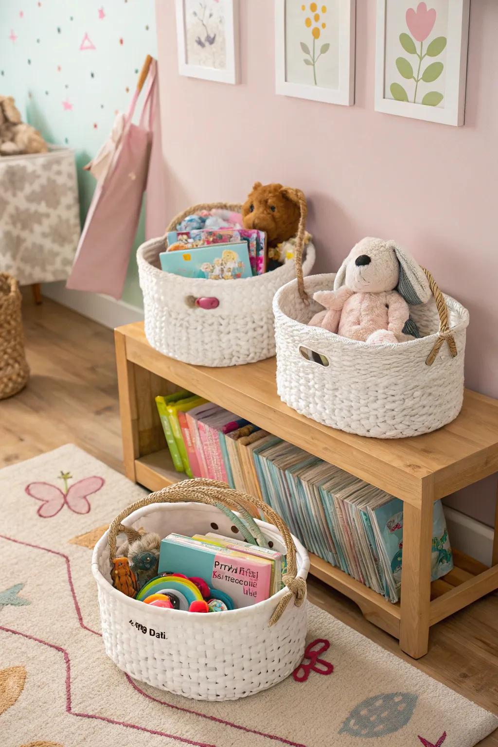 Elegant and effective ornamental baskets for arranging nursery essentials.