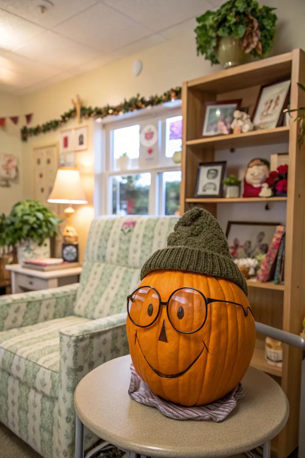 A pumpkin crafted into an elderly character lends charm and personality.