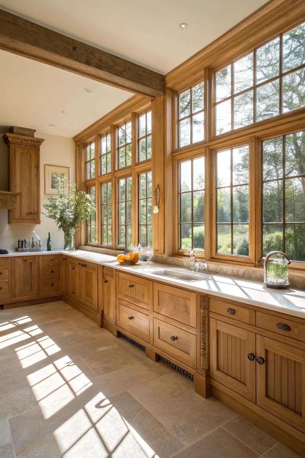 Sunlight transforms an oak kitchen into an airy and radiant space.