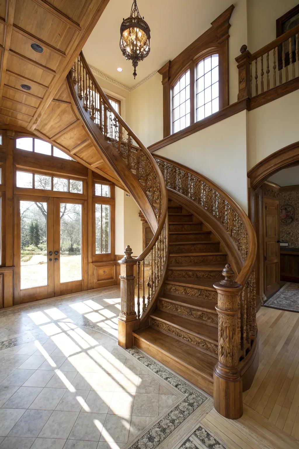 A spellbinding helical oak stairway imparts a sensation of grandeur and charm.