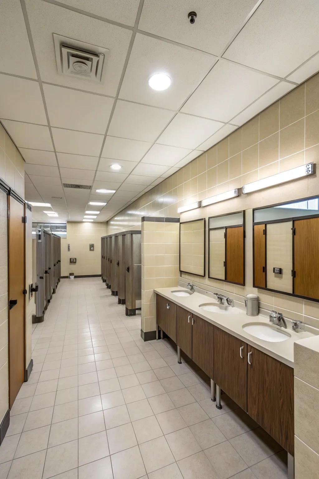A thoughtfully planned arrangement ensures practicality in the office restroom.