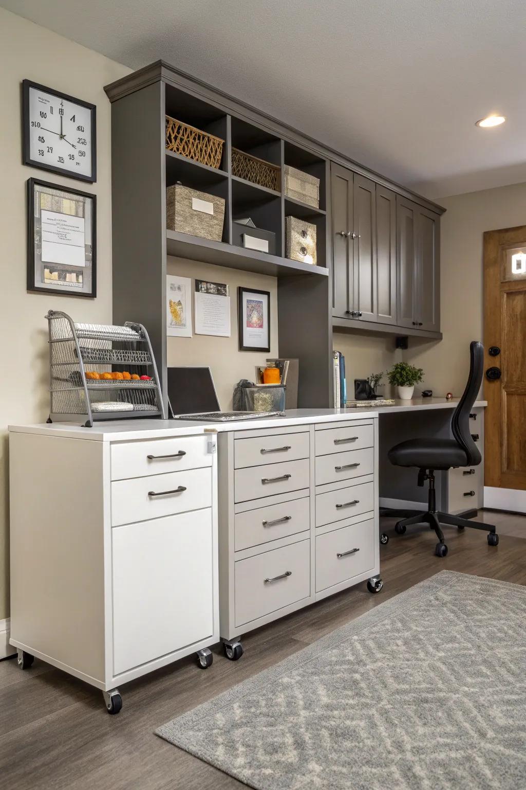 Incorporate mobility into your workspace using movable cabinets.