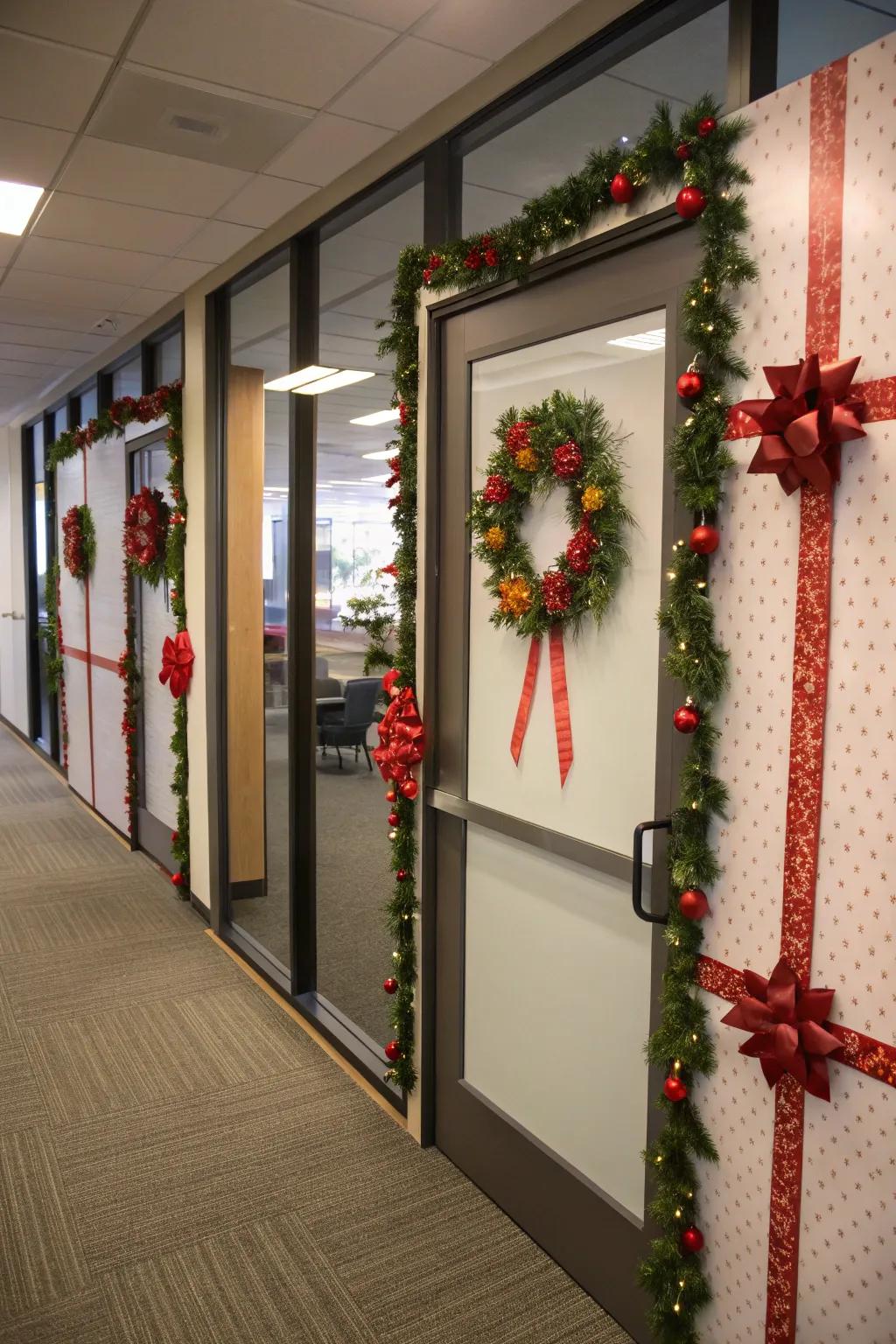Office entranceways reimagined as festive canvases.