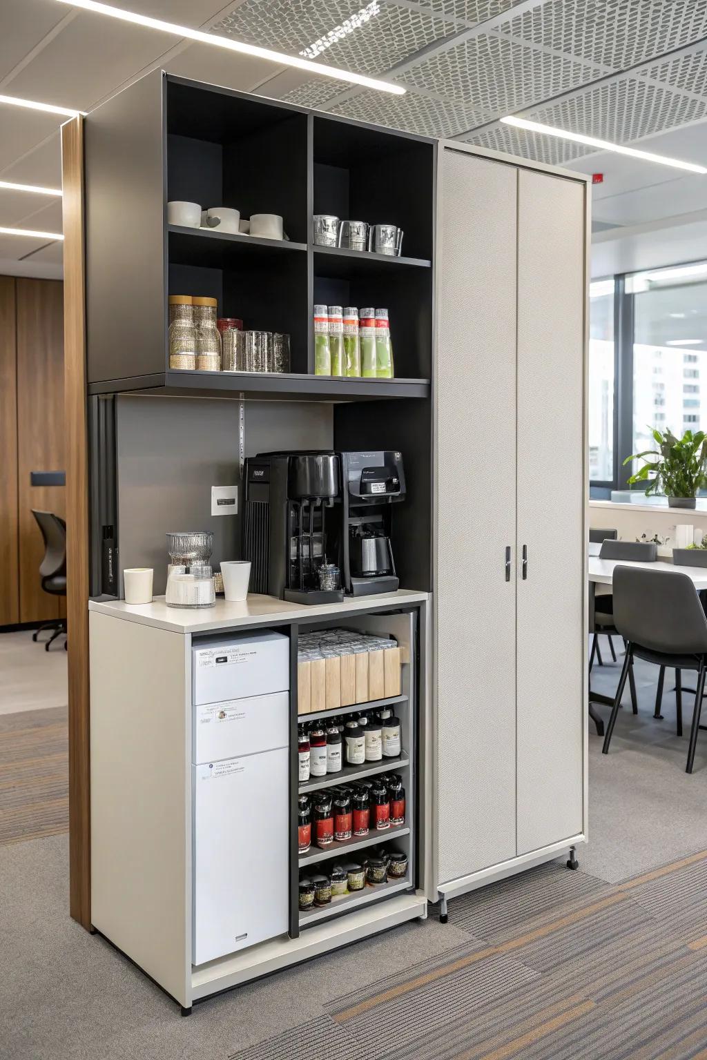 A stylish cabinet keeps your coffee essentials organized and out of sight.