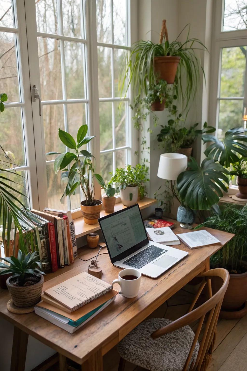 Greenery breathes vitality and peace into an office environment.