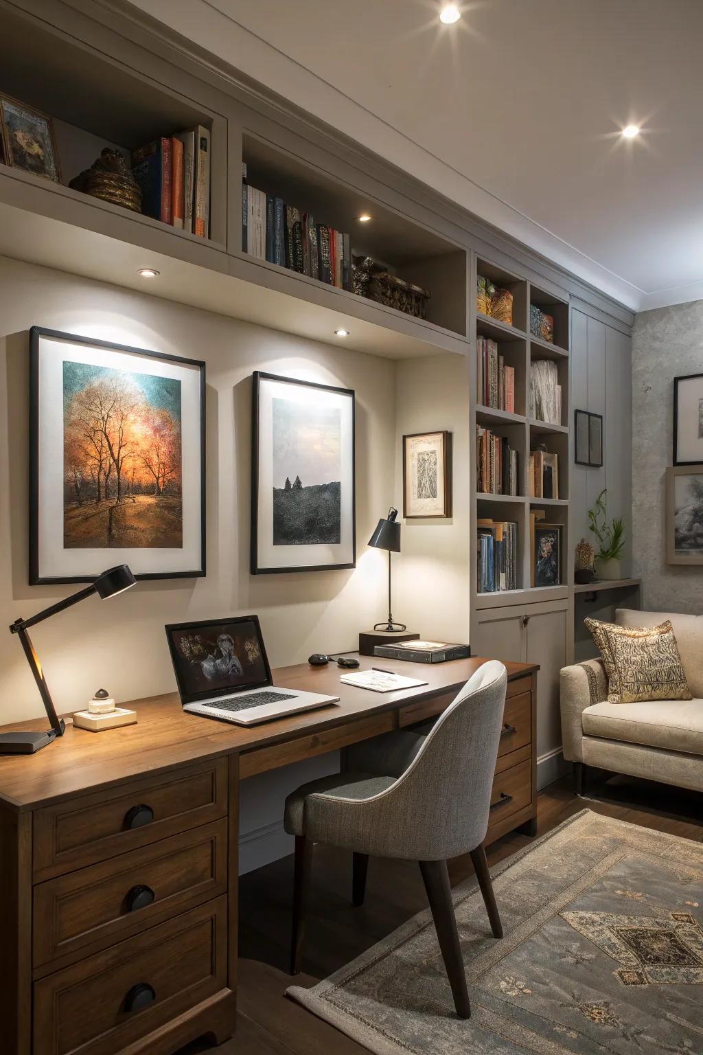 Emphasis and task lighting accentuate the finest features of office decor.
