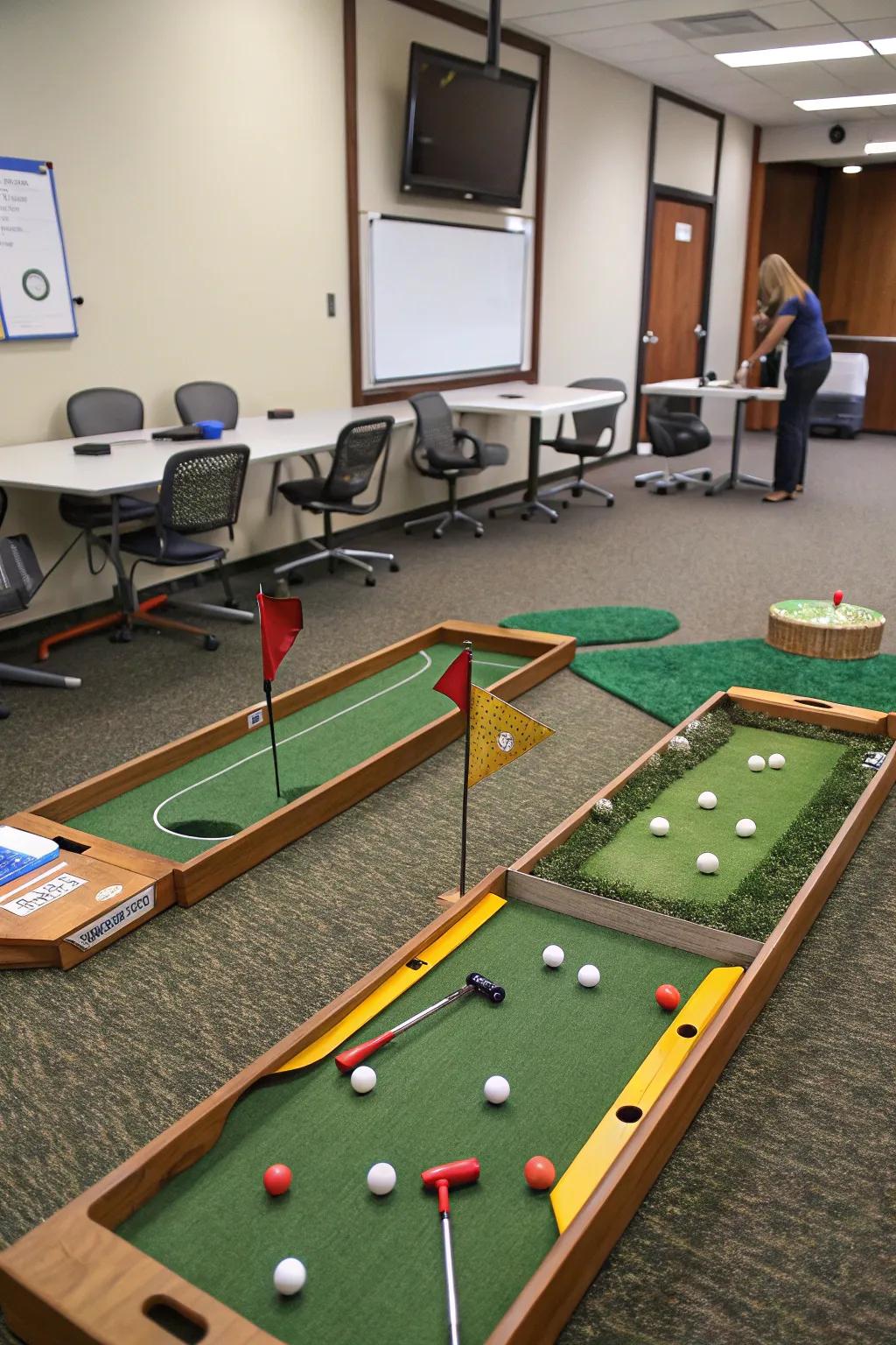 Meeting rooms become platforms for inventive mini golf.