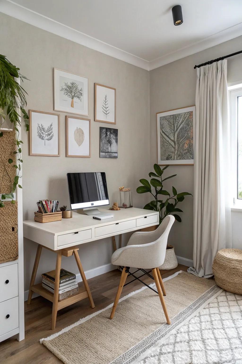 Neutral tones offer a timeless and adaptable office setting.