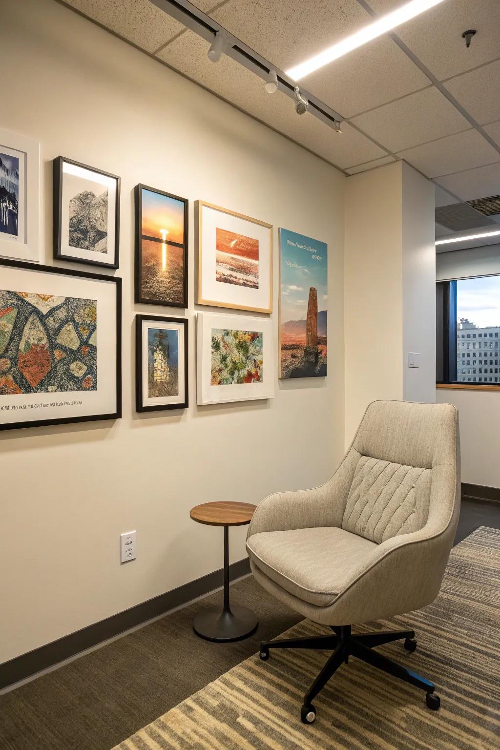 Artwork positioned above the reading chair lends a personalized and artistic touch to the area.