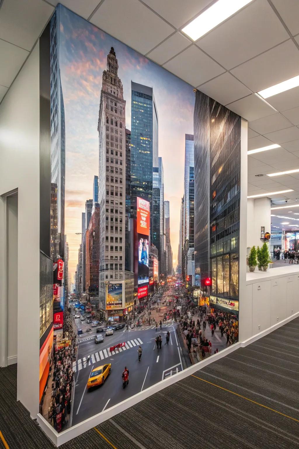 Inject energy into your office with an urban cityscape mural.