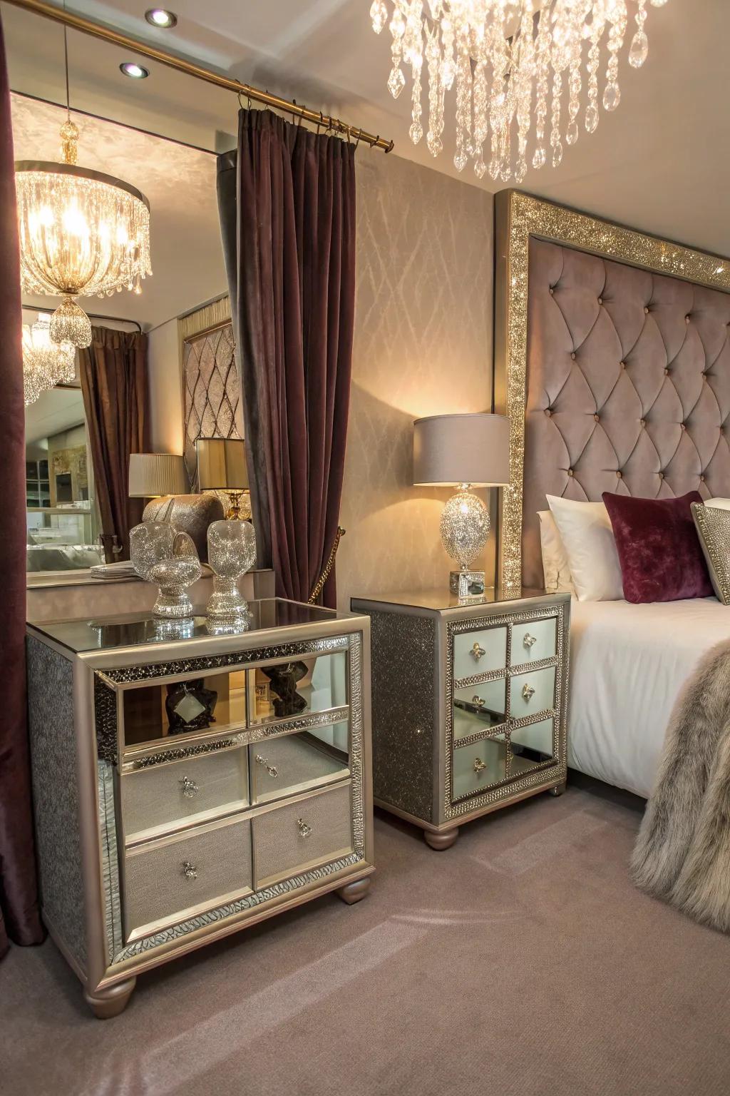Mirrored furniture enhances the feeling of light and space.