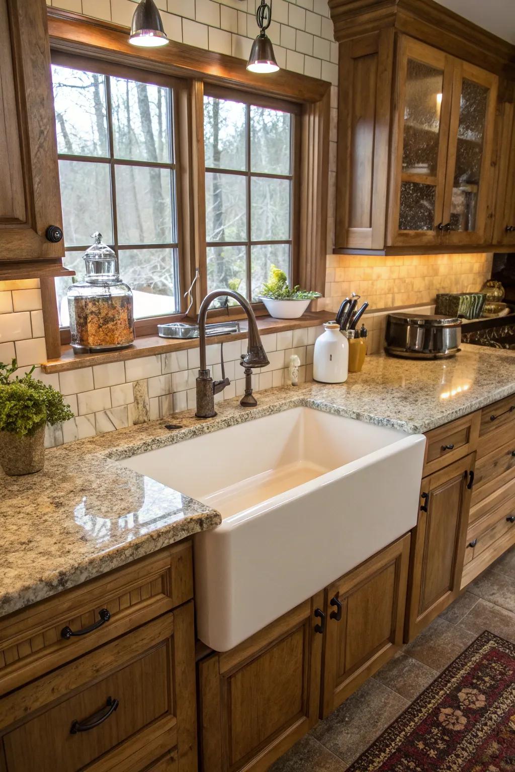 The farmhouse sink combines practicality and vintage appeal.