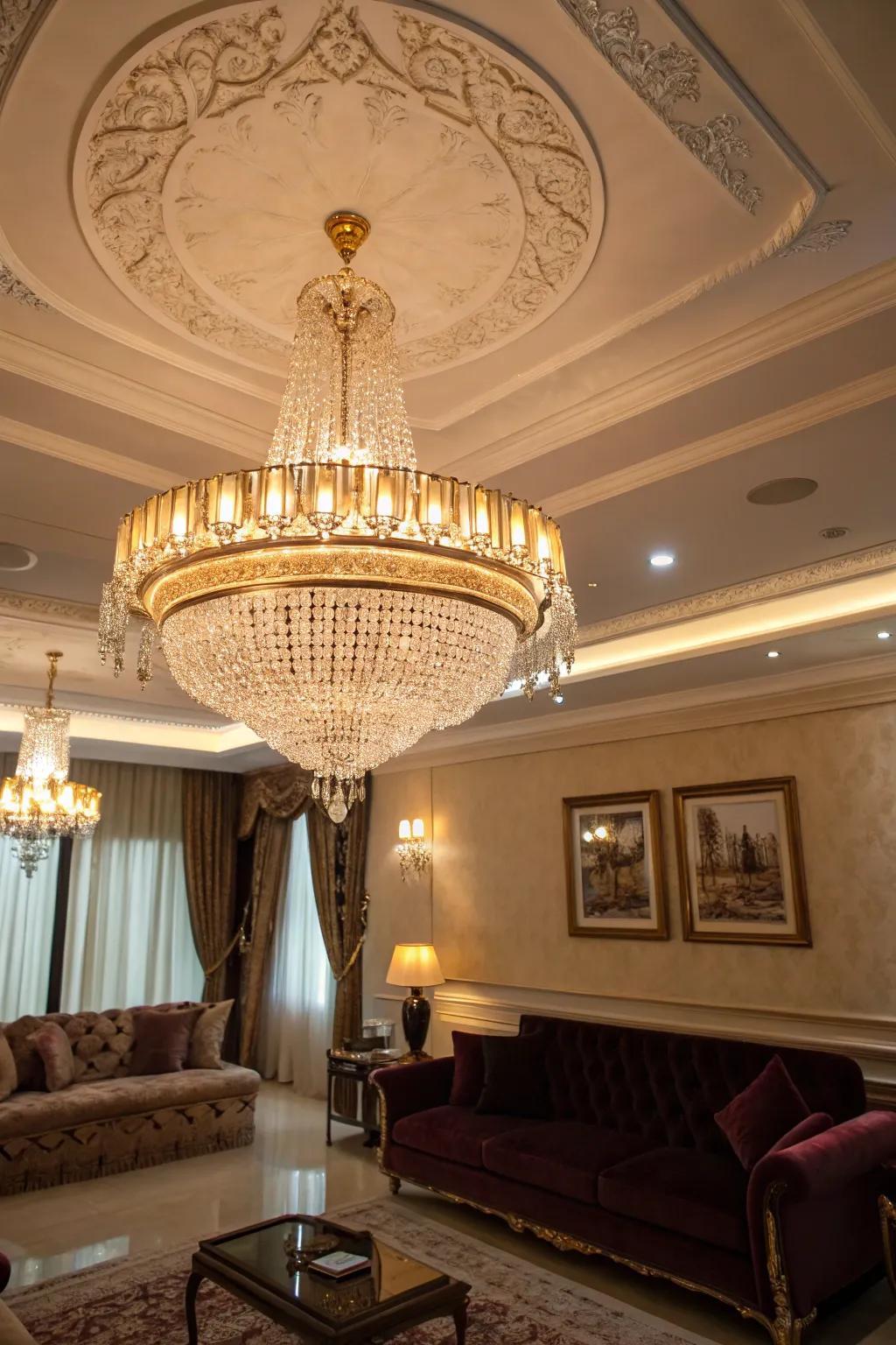 An opulent overhead fixture enhances the living space with a touch of grandeur.