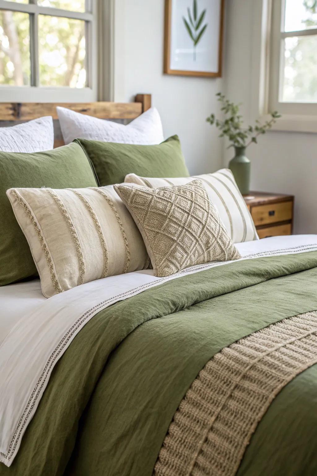 The richness of olive green bedding is accentuated by contrasting cushions.