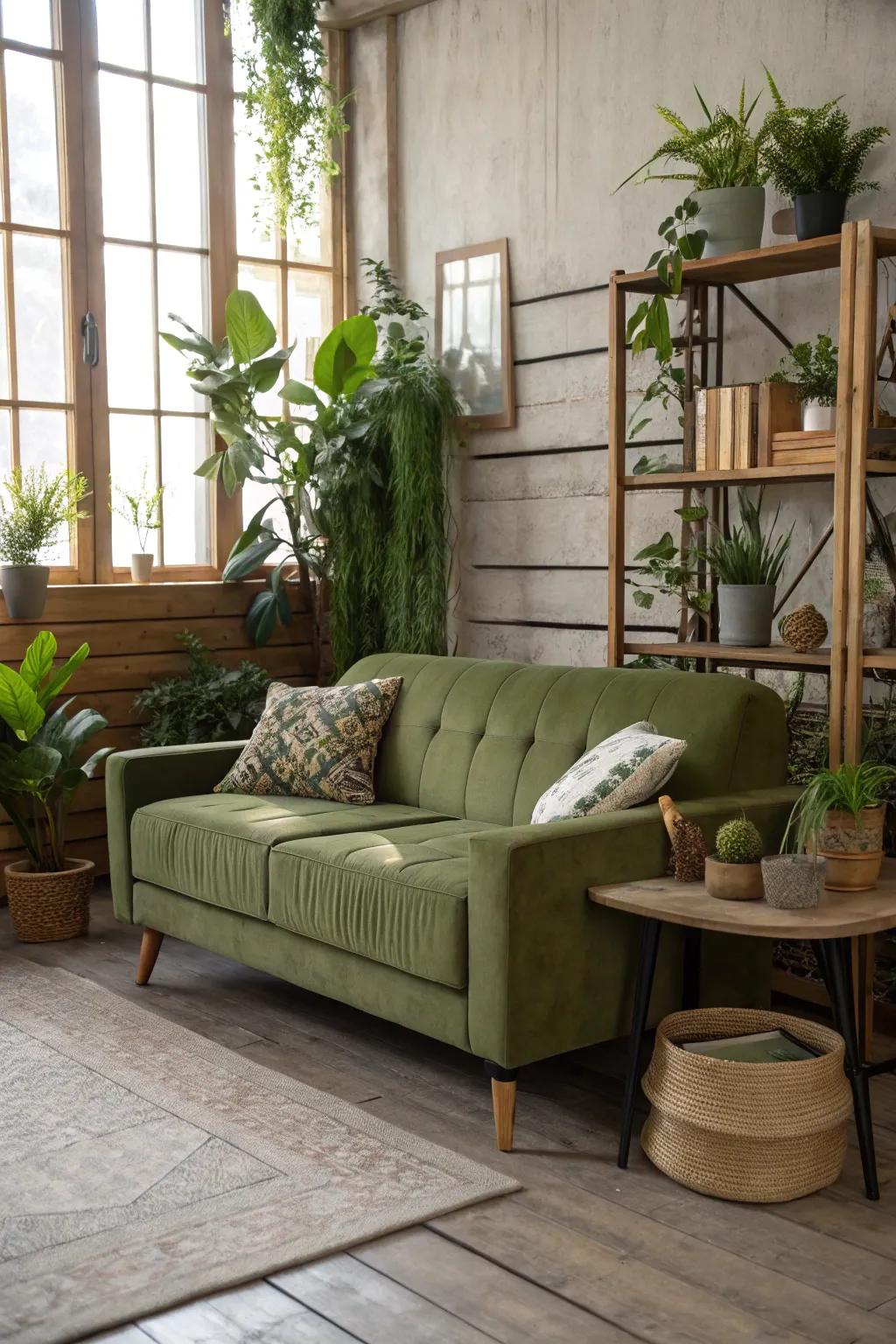 House plants enhance the organic ambiance of a verdant settee.
