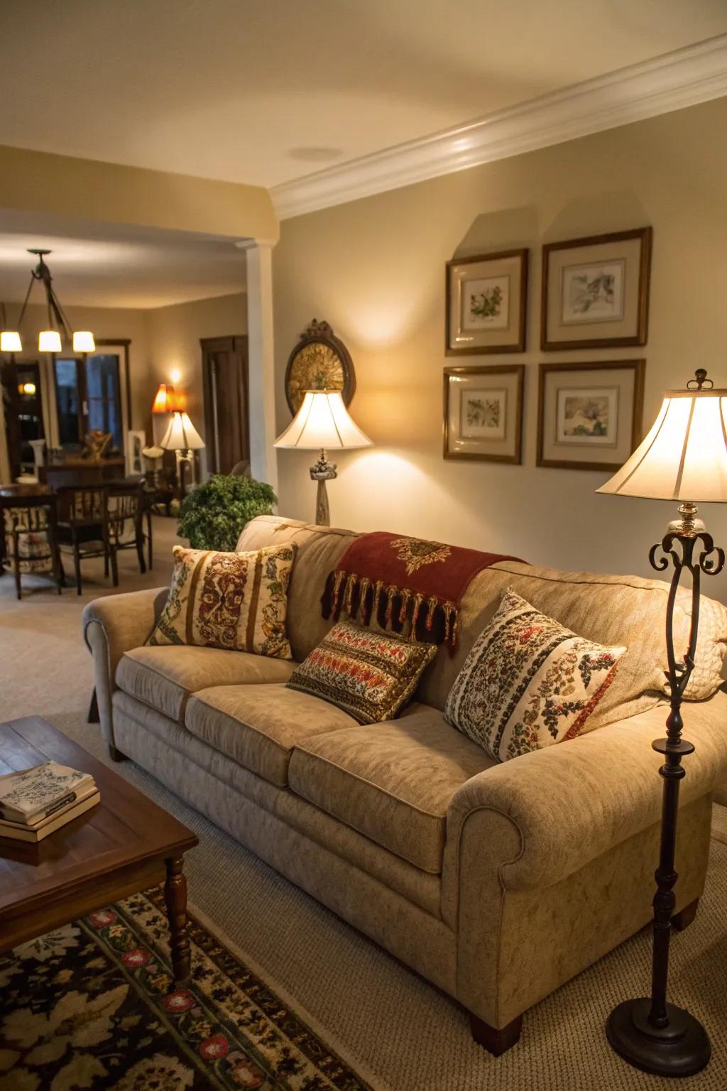 Ambient lighting enhances the cozy atmosphere of the living room.